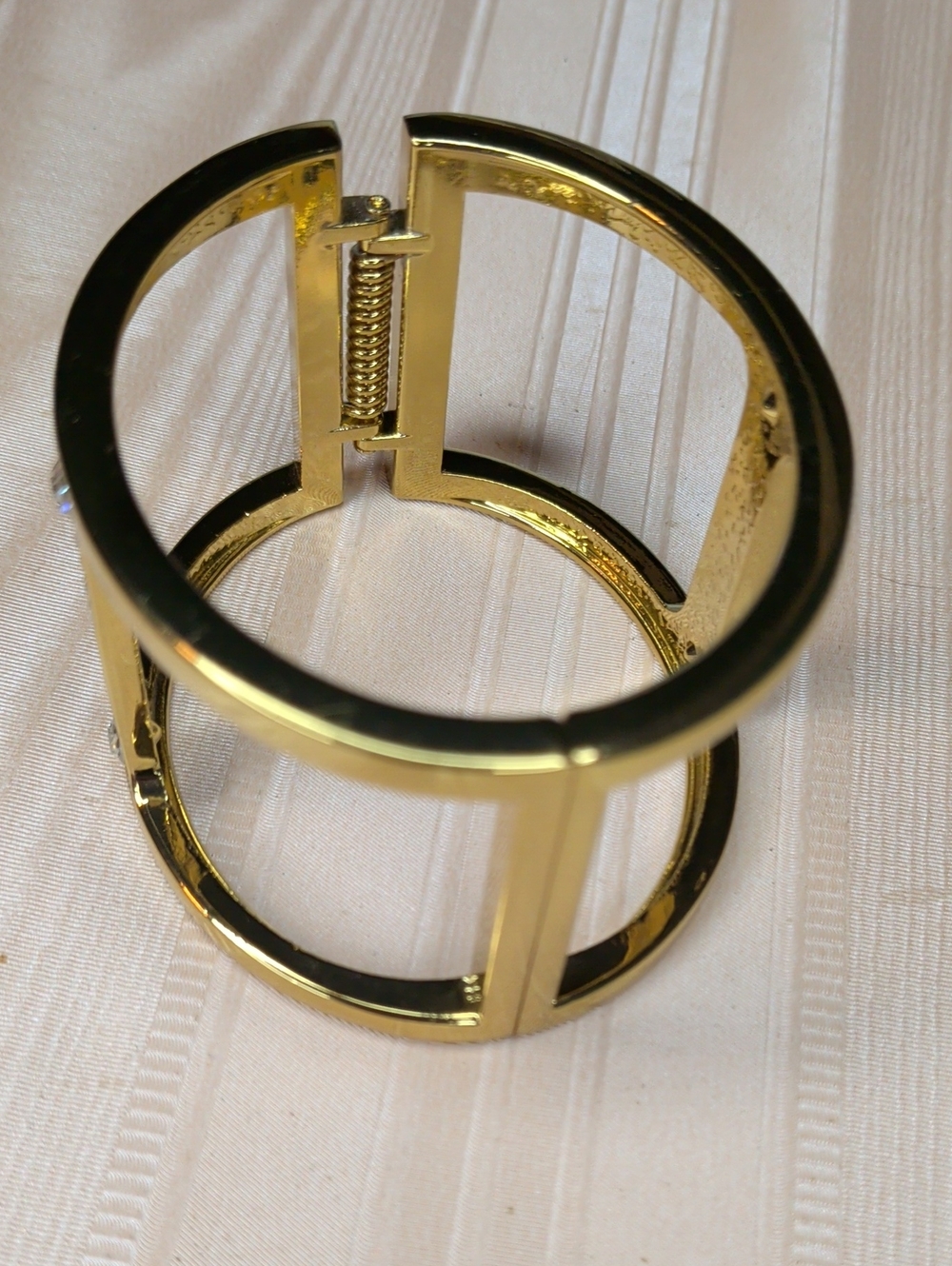 Vintage 80s Gold & Crystal Bracelet Wide Clamper Open Cuff Elegant - Picture 3 of 8